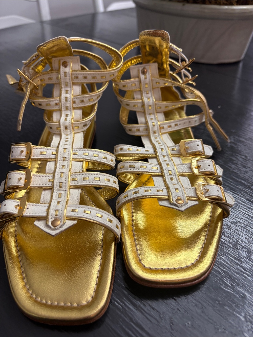 NWOT size 6.5 Women’s Gold Strappy Sandals with White Accent